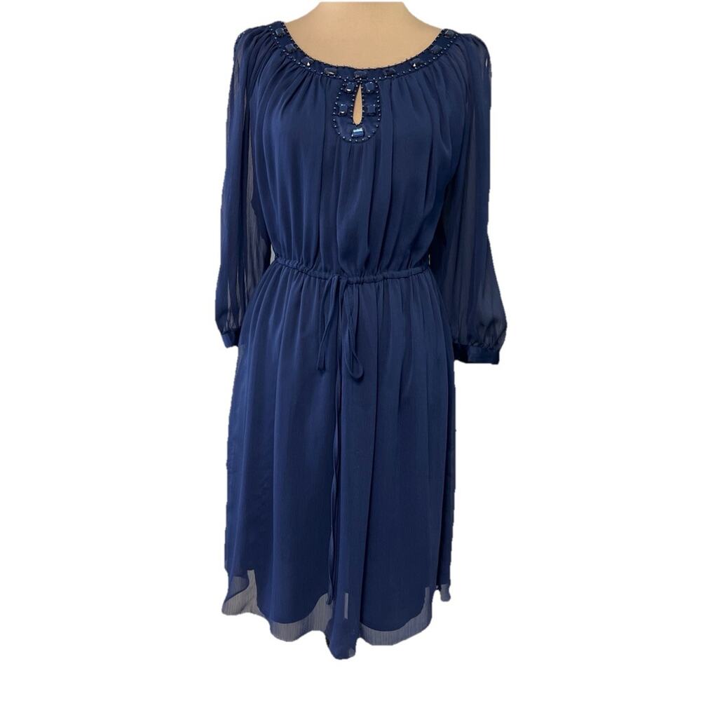 Mother Of The Bride Navy Blue Beaded Dress Chiffon Sheer Sleeve Sz 8 Knee Length